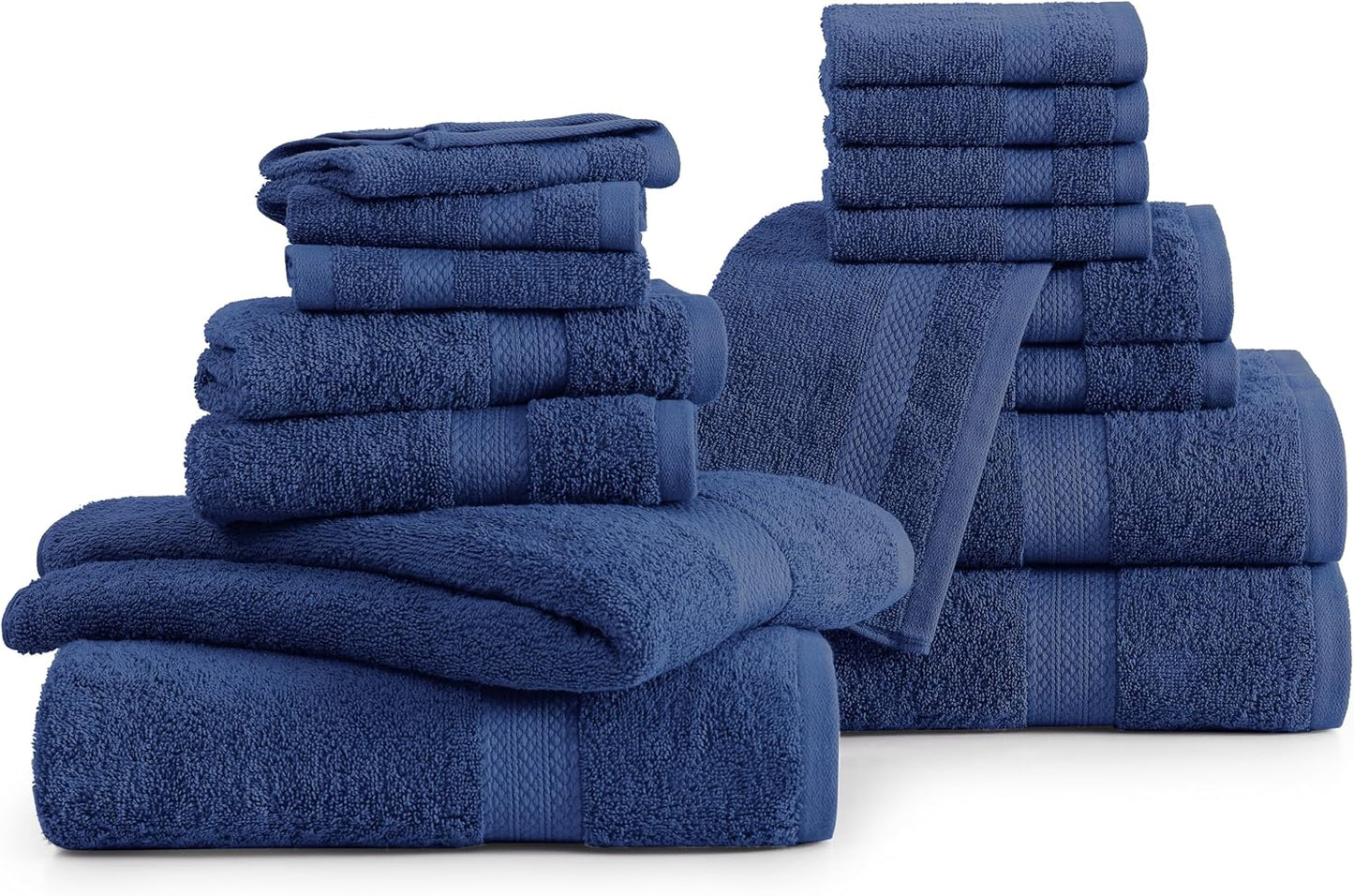 16 Piece Bath Towels - 100% Cotton Towels for Bathroom, Premium Quality Hotel Towels, Highly Absorbent Bathroom Towel Set, Super Soft, 4 Bath Towels, 4 Hand Towels, and 8 Wash Cloths - Navy