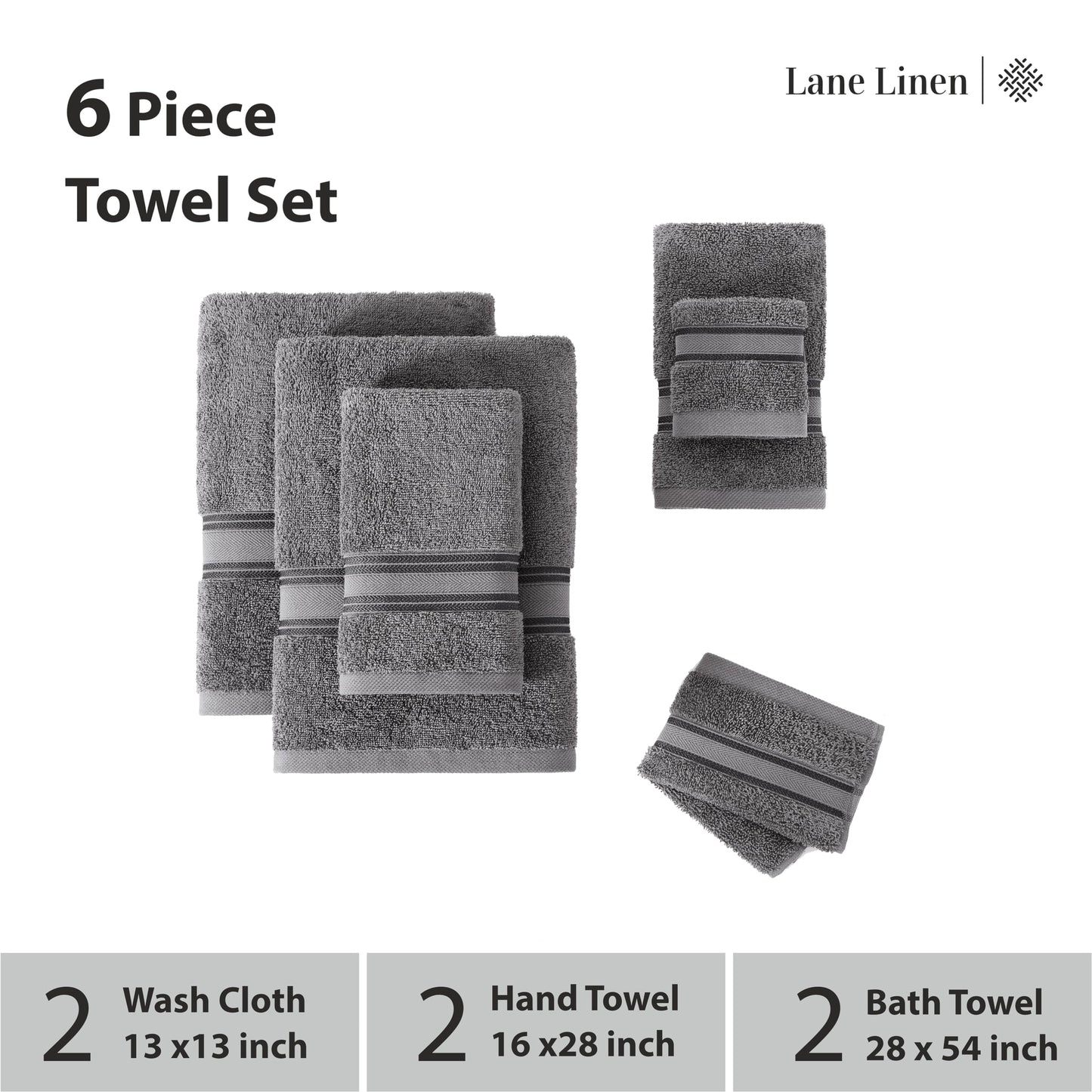 LANE LINEN Luxury Bath Towels Set - 6 Piece 100% CottonBathroom Zero Twist Shower Extra Absorbent Towel Super Soft 2 Hand Wash Cloths White