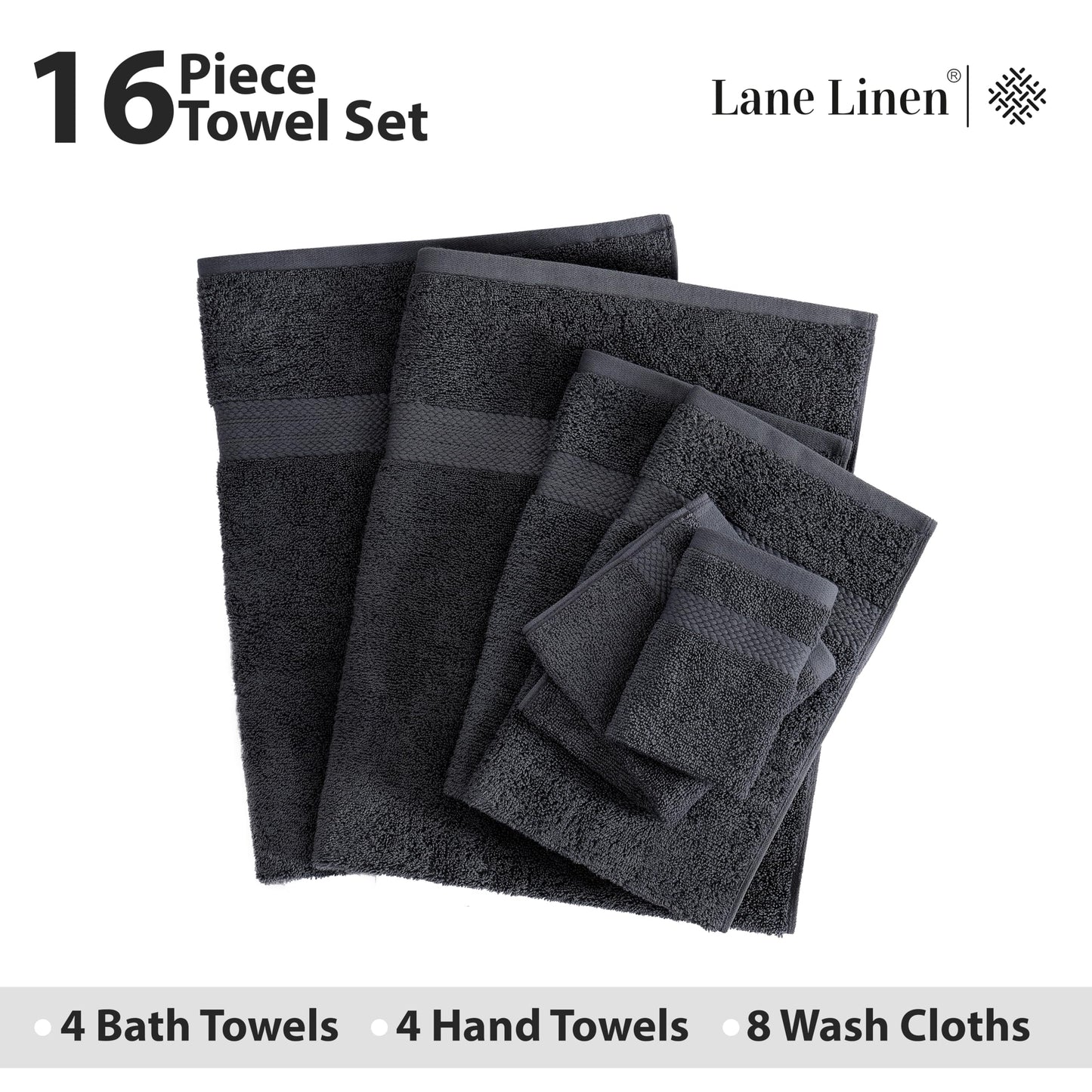 LANE LINEN 100% Cotton Bath Towels for Bathroom Set-Space Grey Bath Towel Set, 2 Luxury Bath Towels Extra Large, 4 Space Grey Hand Towels for Bathroom and 4 Washcloths Sets- 10 PC Bathroom Towels Set