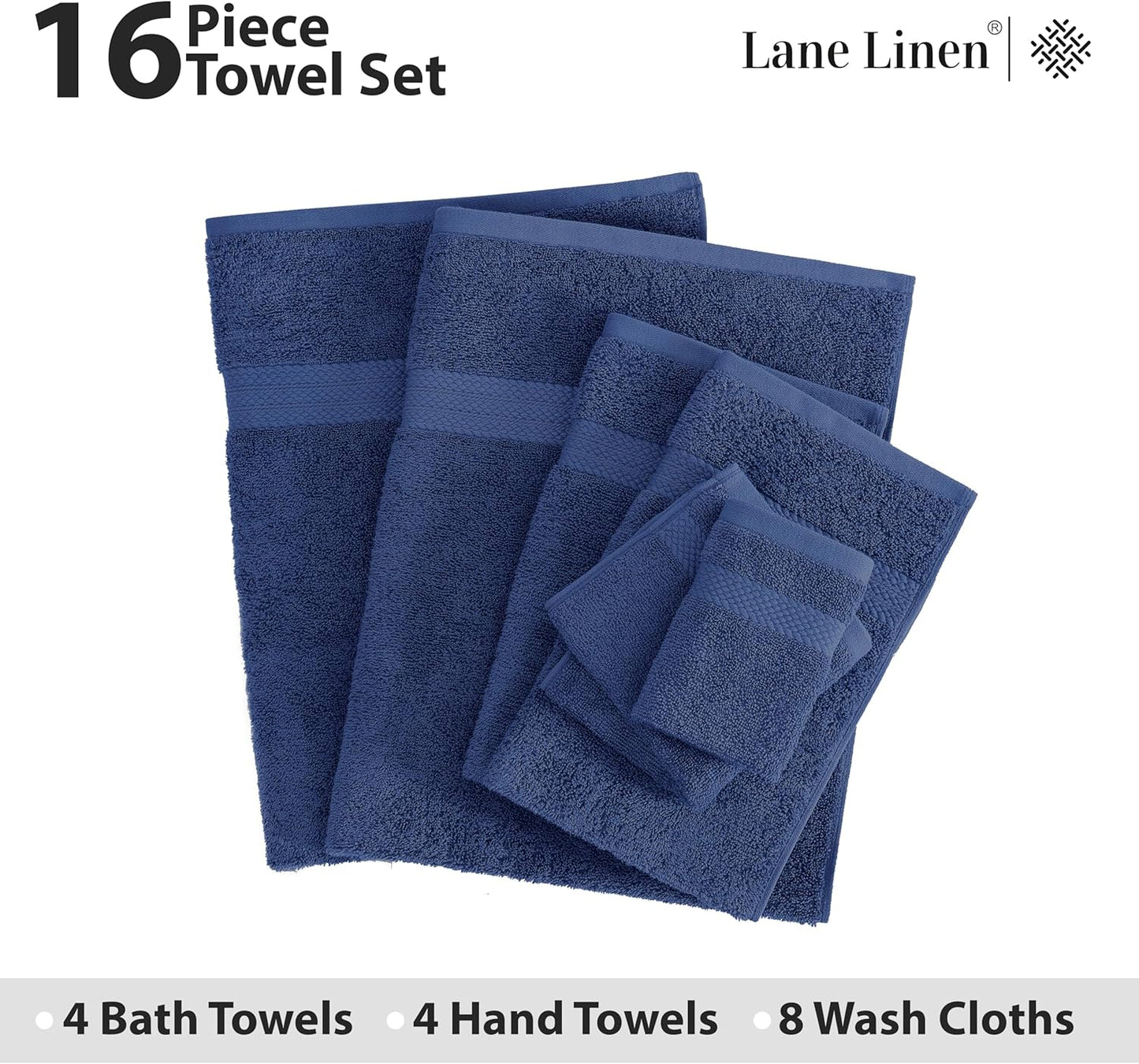 16 Piece Bath Towels - 100% Cotton Towels for Bathroom, Premium Quality Hotel Towels, Highly Absorbent Bathroom Towel Set, Super Soft, 4 Bath Towels, 4 Hand Towels, and 8 Wash Cloths - Navy