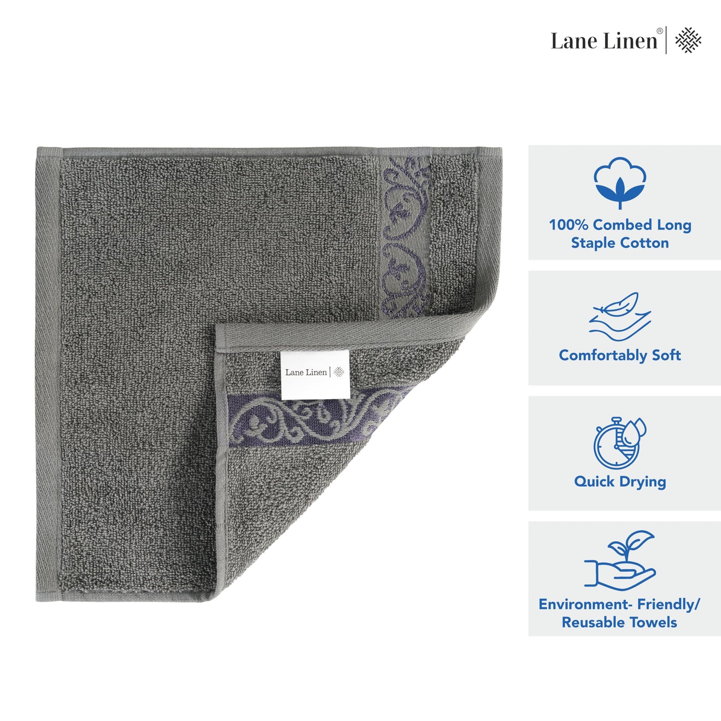 Premium 12 Pack Wash Cloths Set - 13x13 Inches, Highly Absorbent 100% Cotton Towels for Bathroom, Spa, Gym, Face - Grey