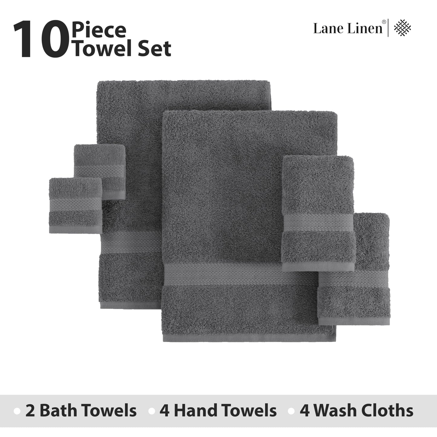 LANE LINEN 100% Cotton Bath Towels for Bathroom Set-Space Grey Bath Towel Set, 2 Luxury Bath Towels Extra Large, 4 Space Grey Hand Towels for Bathroom and 4 Washcloths Sets- 10 PC Bathroom Towels Set