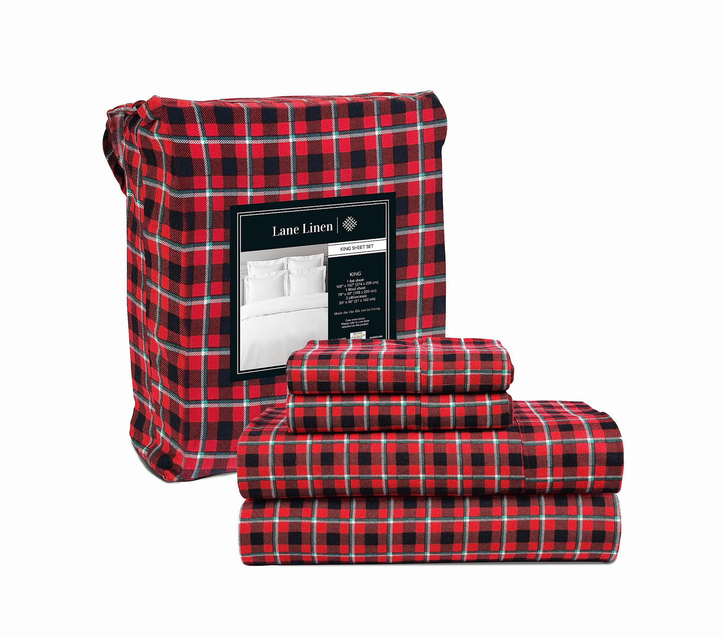 100% Cotton Flannel Sheets Set - Queen Size Flannel Sheets, 4-Piece Luxury Bedding Sets, Lightweight, Brushed for Extra Softness, Warm and Cozy, 16" Deep Pocket - Red Checks