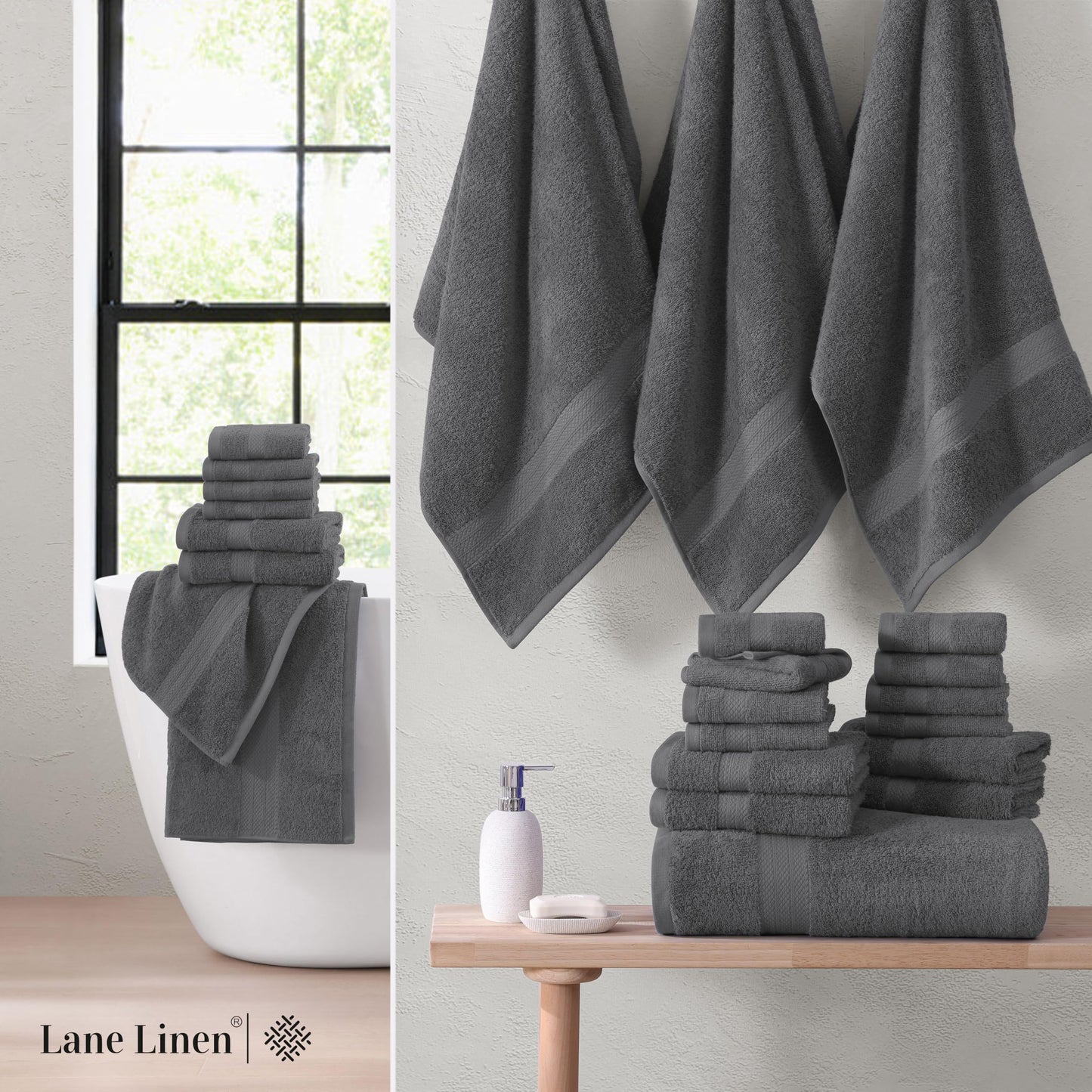 LANE LINEN 100% Cotton Bath Towels for Bathroom Set-Space Grey Bath Towel Set, 2 Luxury Bath Towels Extra Large, 4 Space Grey Hand Towels for Bathroom and 4 Washcloths Sets- 10 PC Bathroom Towels Set