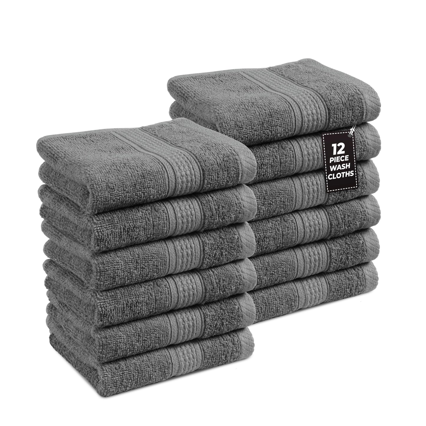 Premium 12 Pack Wash Cloths Set - 13x13 Inches, Highly Absorbent 100% Cotton Towels for Bathroom, Spa, Gym, Face - Grey