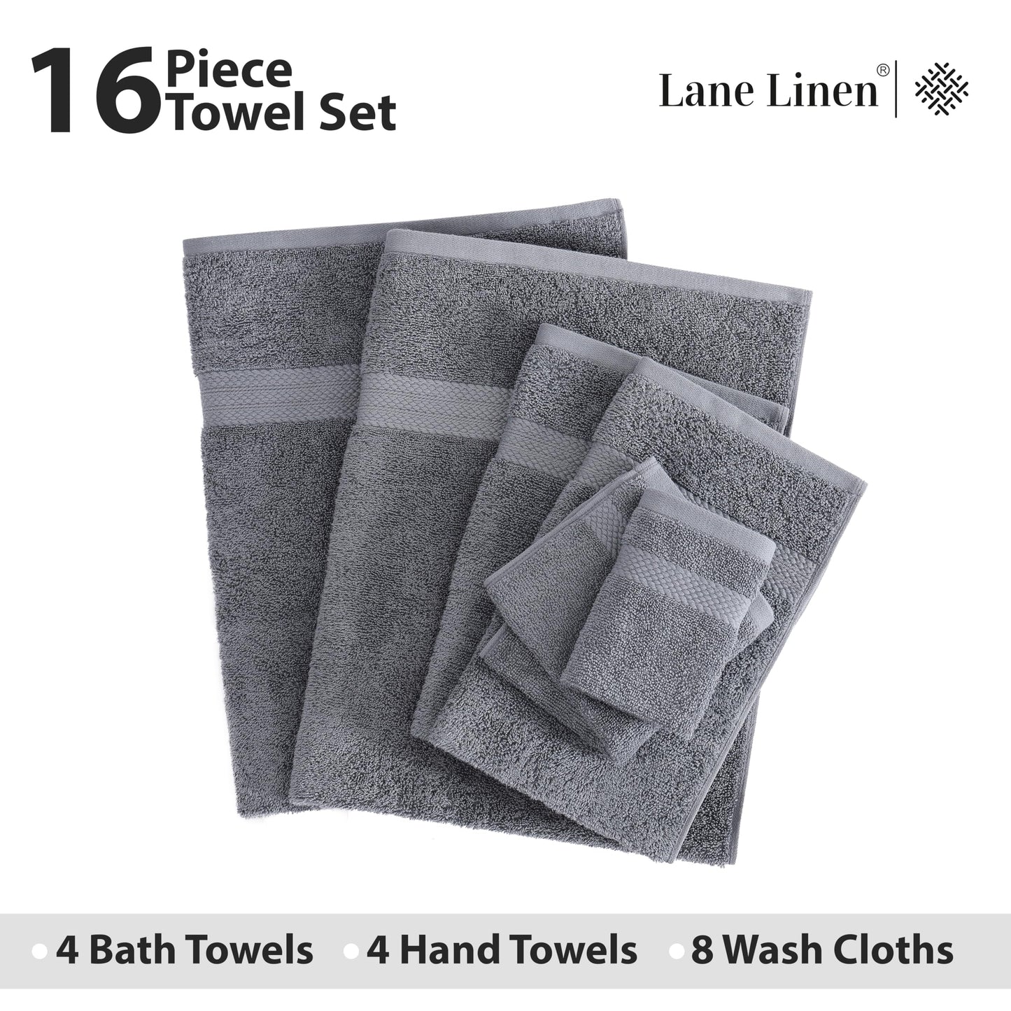 LANE LINEN 100% Cotton Bath Towels for Bathroom Set-Space Grey Bath Towel Set, 2 Luxury Bath Towels Extra Large, 4 Space Grey Hand Towels for Bathroom and 4 Washcloths Sets- 10 PC Bathroom Towels Set