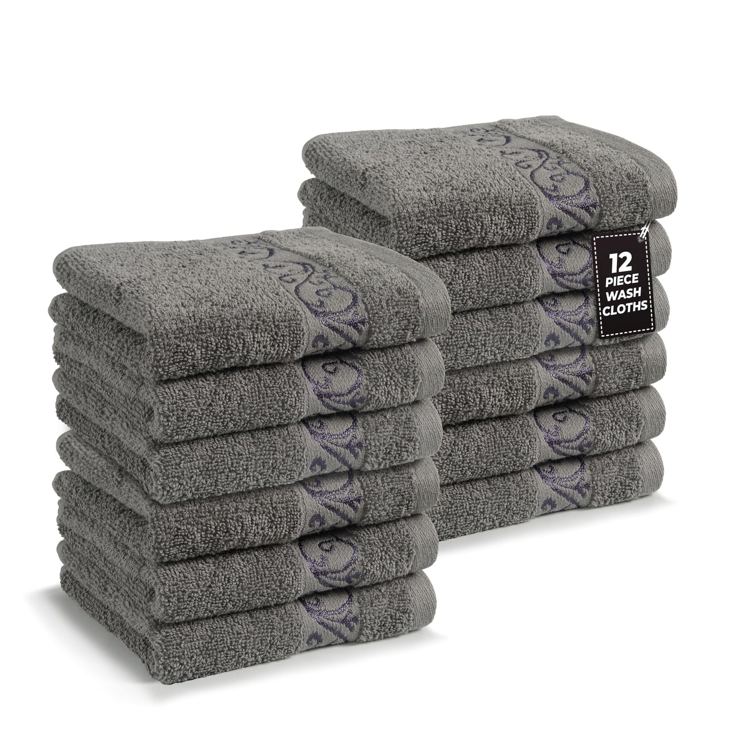 Premium 12 Pack Wash Cloths Set - 13x13 Inches, Highly Absorbent 100% Cotton Towels for Bathroom, Spa, Gym, Face - Grey