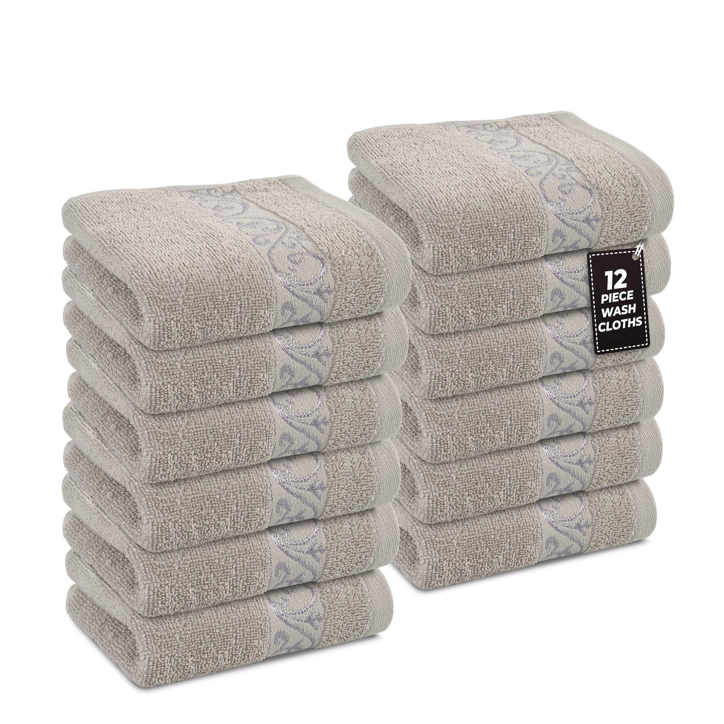 Premium 12 Pack Wash Cloths Set - 13x13 Inches, Highly Absorbent 100% Cotton Towels for Bathroom, Spa, Gym, Face - Grey