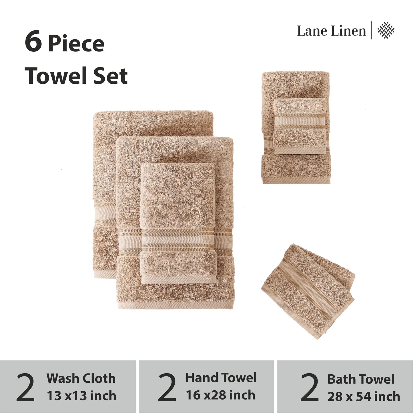 LANE LINEN Luxury Bath Towels Set - 6 Piece 100% CottonBathroom Zero Twist Shower Extra Absorbent Towel Super Soft 2 Hand Wash Cloths White