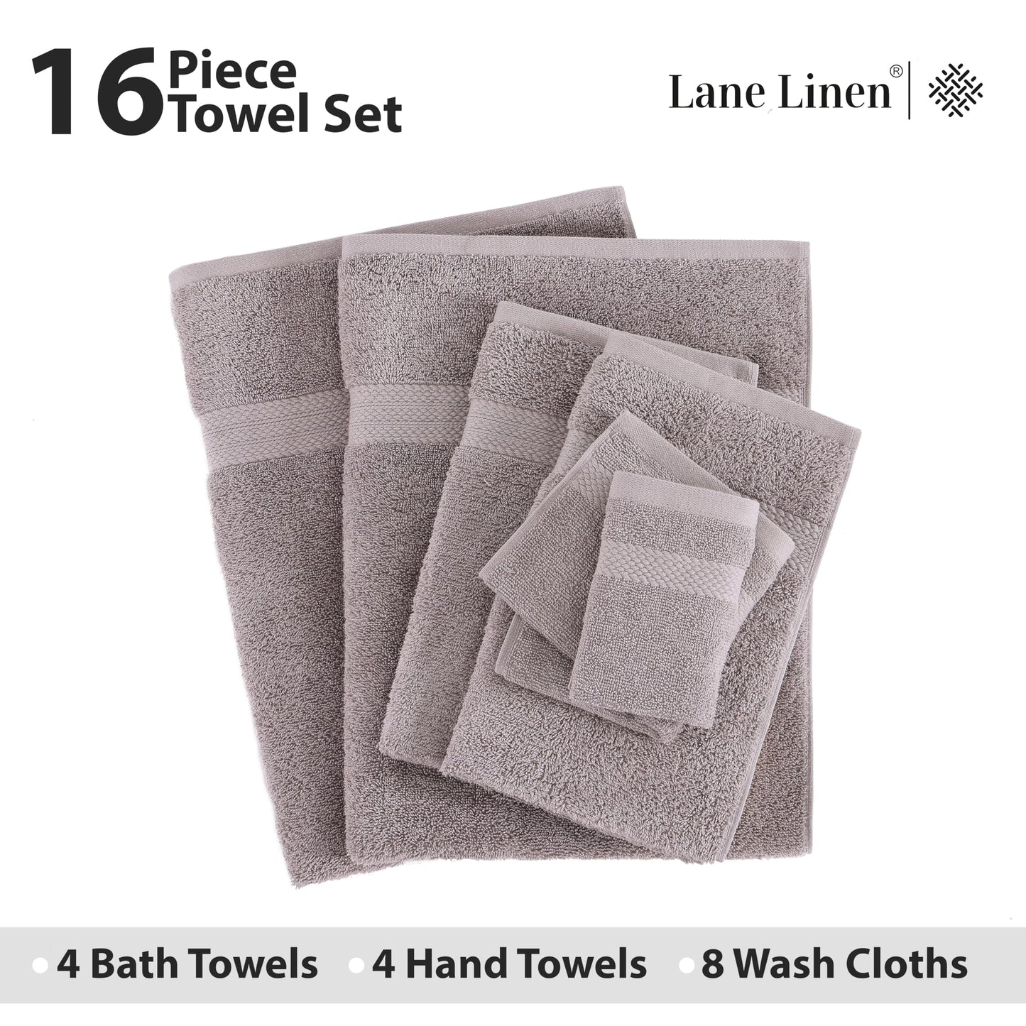 LANE LINEN 100% Cotton Bath Towels for Bathroom Set-Space Grey Bath Towel Set, 2 Luxury Bath Towels Extra Large, 4 Space Grey Hand Towels for Bathroom and 4 Washcloths Sets- 10 PC Bathroom Towels Set