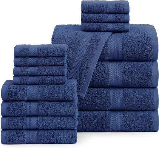 16 Piece Bath Towels - 100% Cotton Towels for Bathroom, Premium Quality Hotel Towels, Highly Absorbent Bathroom Towel Set, Super Soft, 4 Bath Towels, 4 Hand Towels, and 8 Wash Cloths - Navy