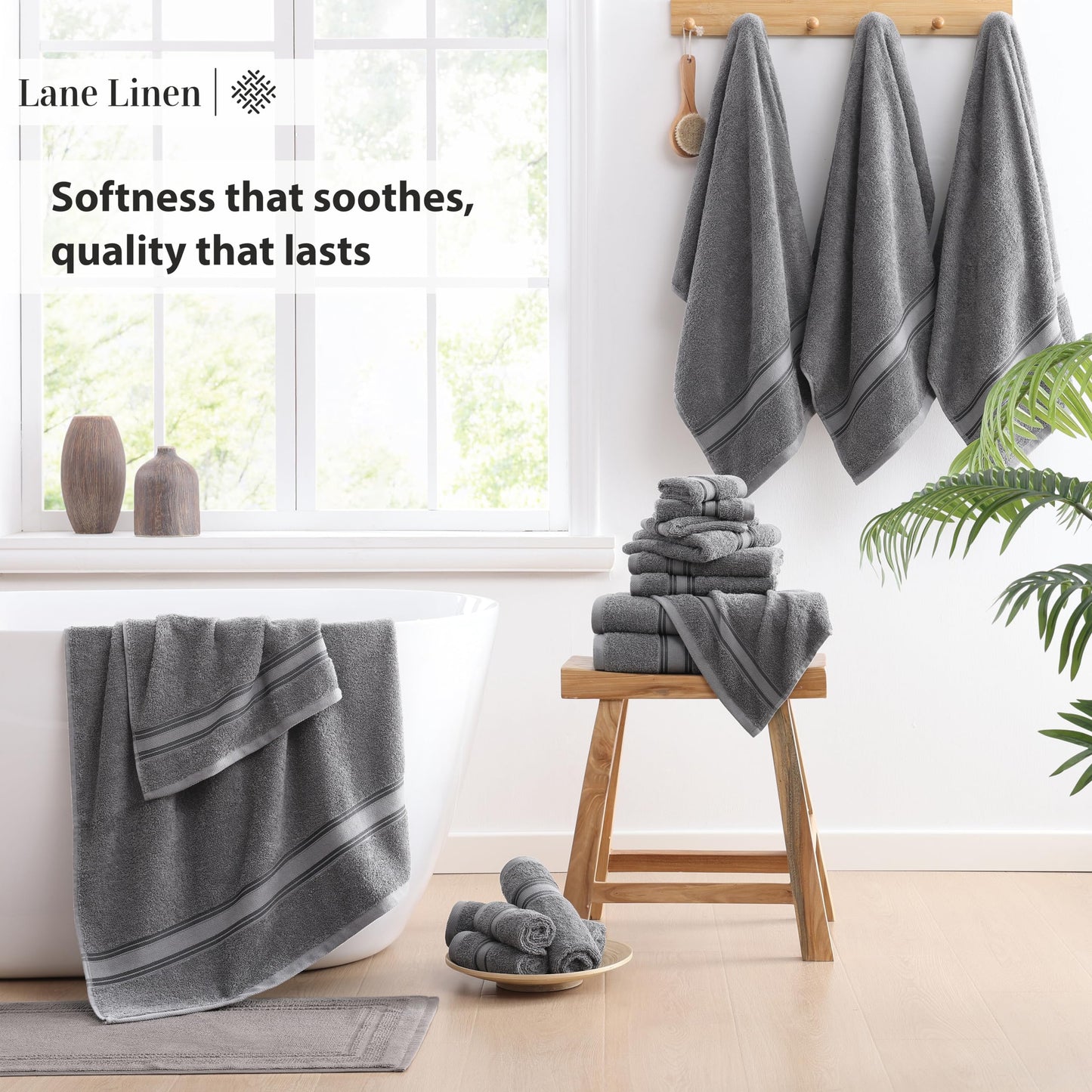 LANE LINEN Luxury Bath Towels Set - 6 Piece 100% CottonBathroom Zero Twist Shower Extra Absorbent Towel Super Soft 2 Hand Wash Cloths White