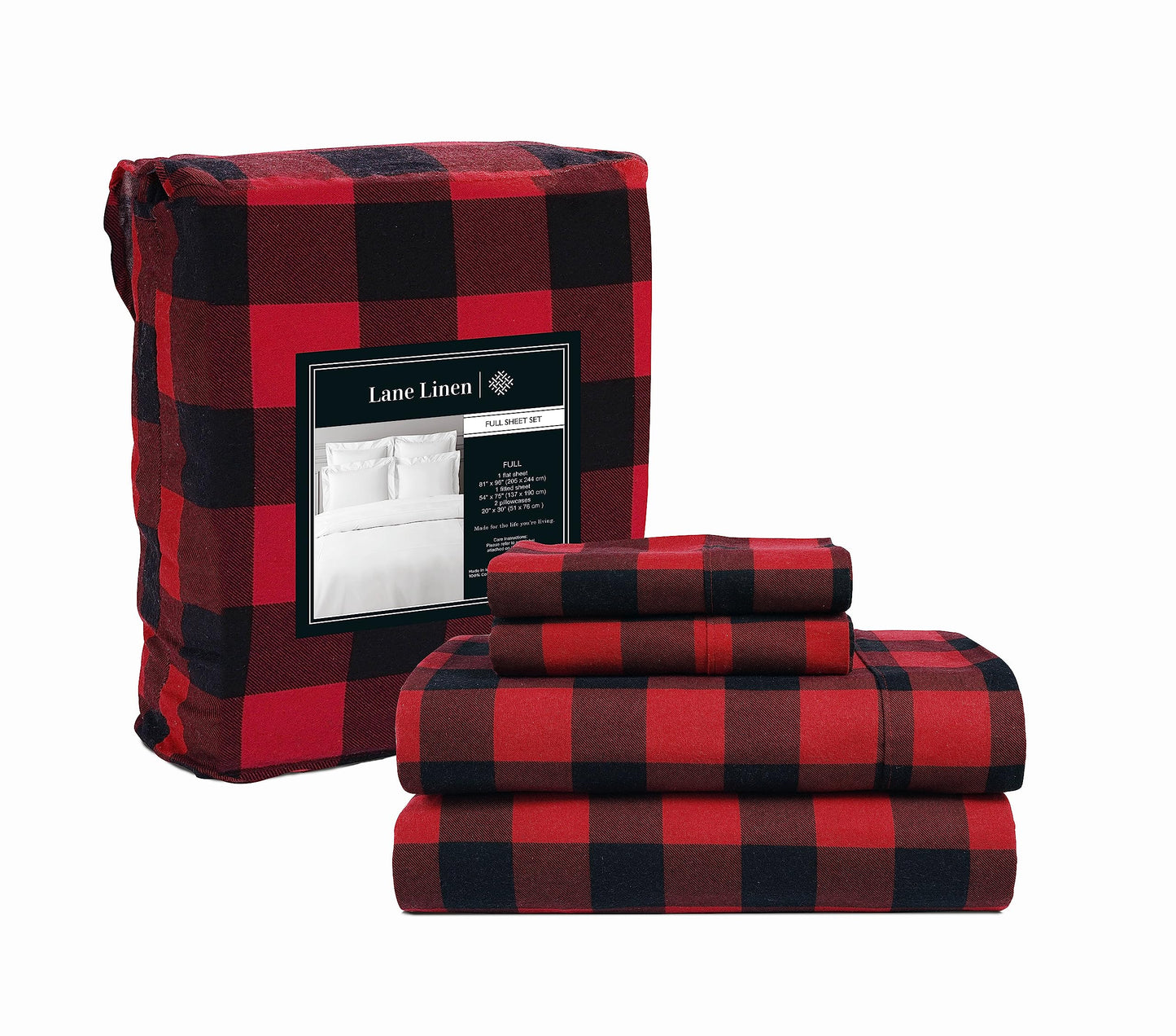 100% Cotton Flannel Sheets Set - Queen Size Flannel Sheets, 4-Piece Luxury Bedding Sets, Lightweight, Brushed for Extra Softness, Warm and Cozy, 16" Deep Pocket - Red Checks