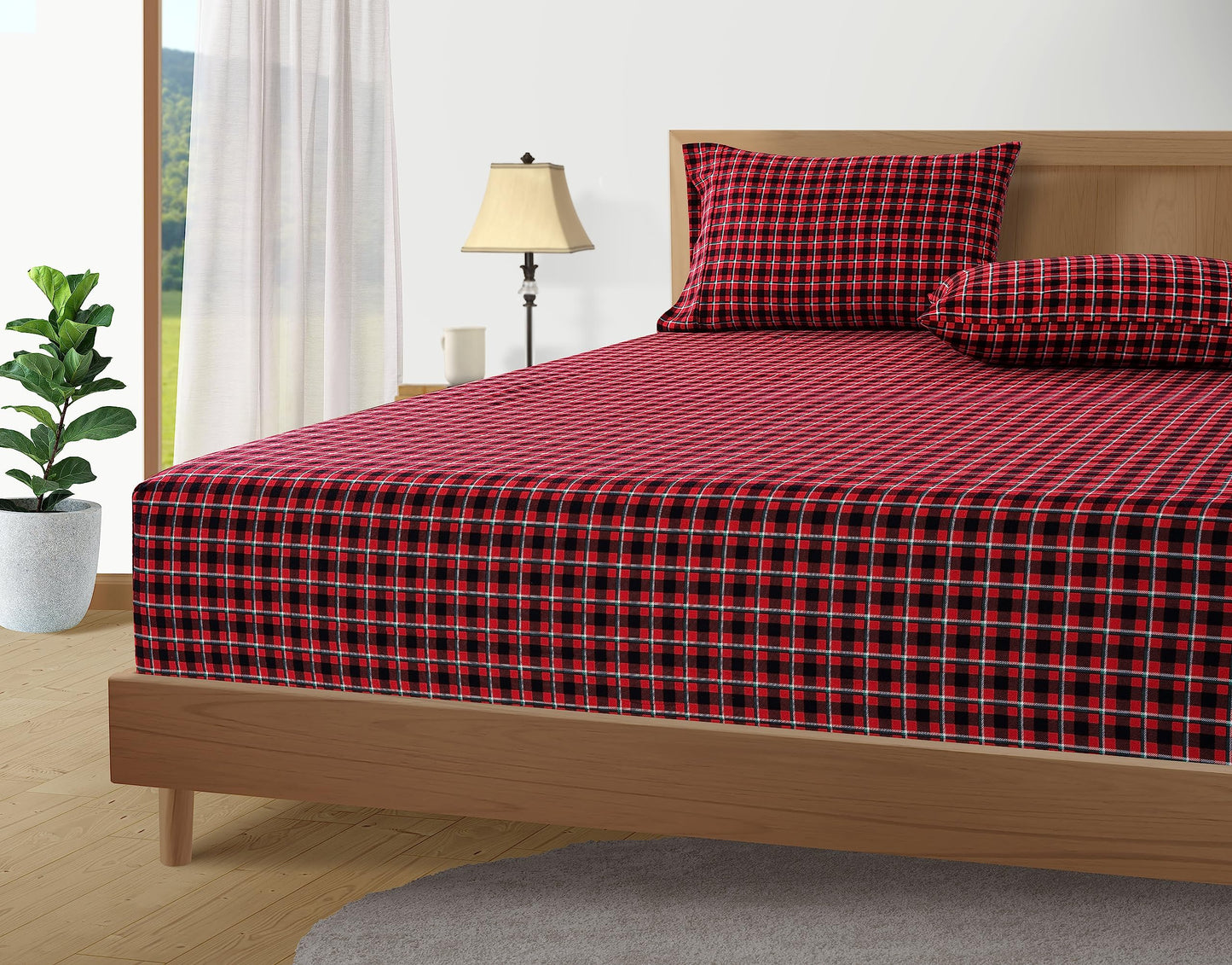 100% Cotton Flannel Sheets Set - Queen Size Flannel Sheets, 4-Piece Luxury Bedding Sets, Lightweight, Brushed for Extra Softness, Warm and Cozy, 16" Deep Pocket - Red Checks