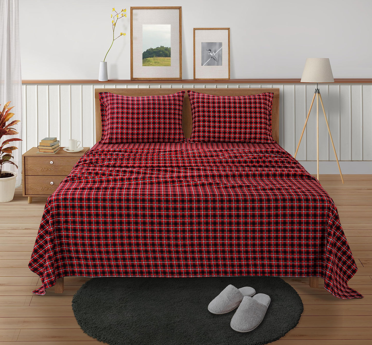 100% Cotton Flannel Sheets Set - Queen Size Flannel Sheets, 4-Piece Luxury Bedding Sets, Lightweight, Brushed for Extra Softness, Warm and Cozy, 16" Deep Pocket - Red Checks