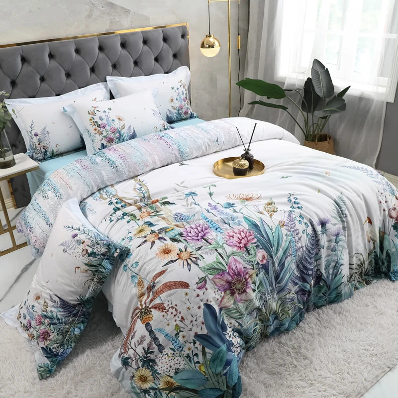 100% Egyptian Cotton US size Bedding Queen King size 4Pcs Birds and Flowers Leaf Gray Shabby Duvet Cover Bed sheet Pillow shams