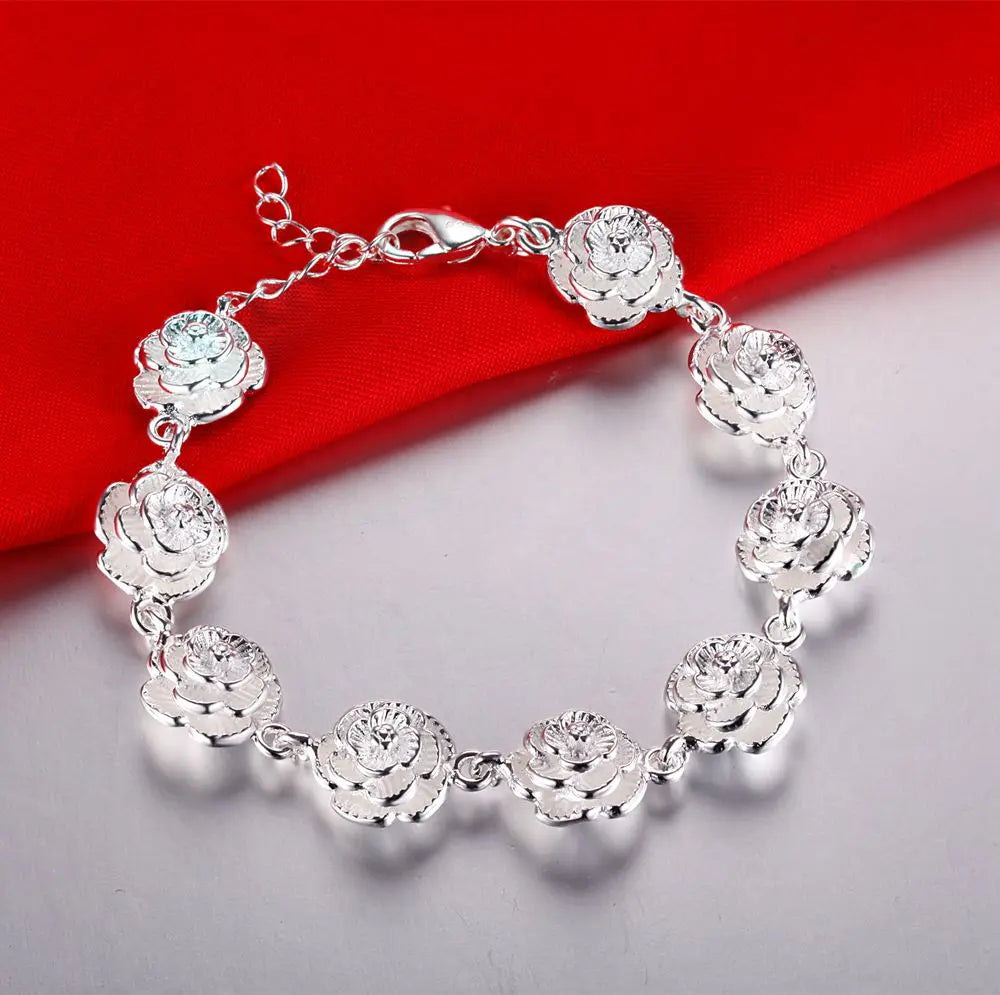 New 925 Sterling Silver Full Rose Flower Chain Bracelet For Women Fashion Pretty Wedding Party Holiday gift fine luxury Jewelry