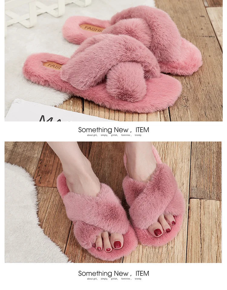 Women Fashion Warm Fluffy Slippers Cozy Faux Fur Cross Indoor Floor Slides Flat Soft Furry Ladies Female Celebrities Flip Flops