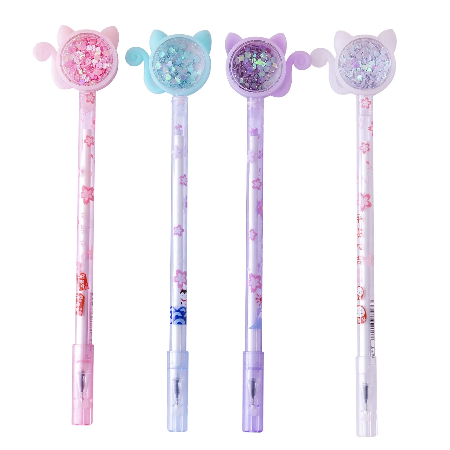 4Pcs/Set Kawaii Cat Tail Gel Pen Cute Sequins Transparent Rod Black Ink Gel Pens Office School Stationery Children Gift Pen