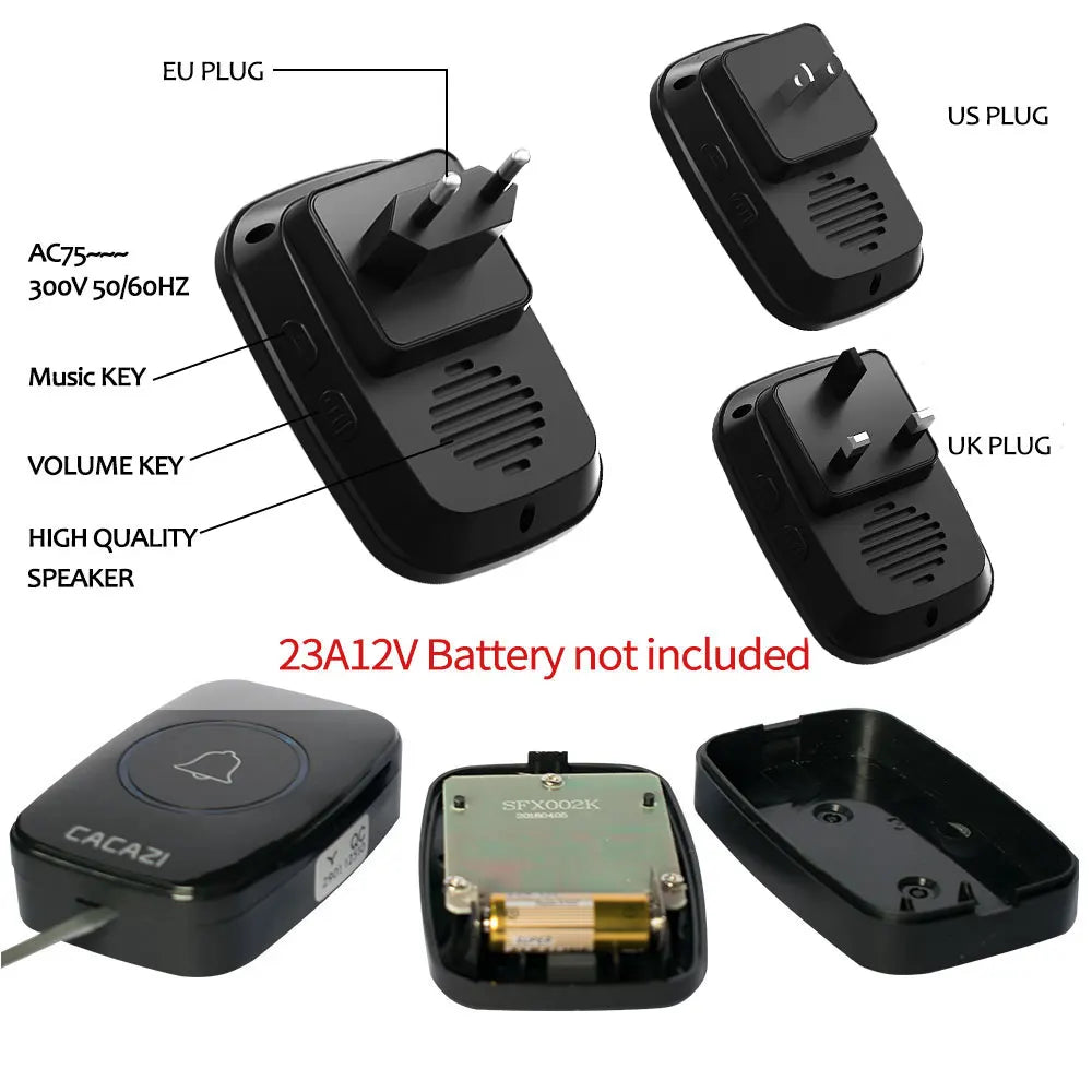 CACAZI Wireless Waterproof Doorbell 300m Range US EU UK AU Plug Home Intelligent Door Bell Chime 1 2 Button 1 2 3 Receiver