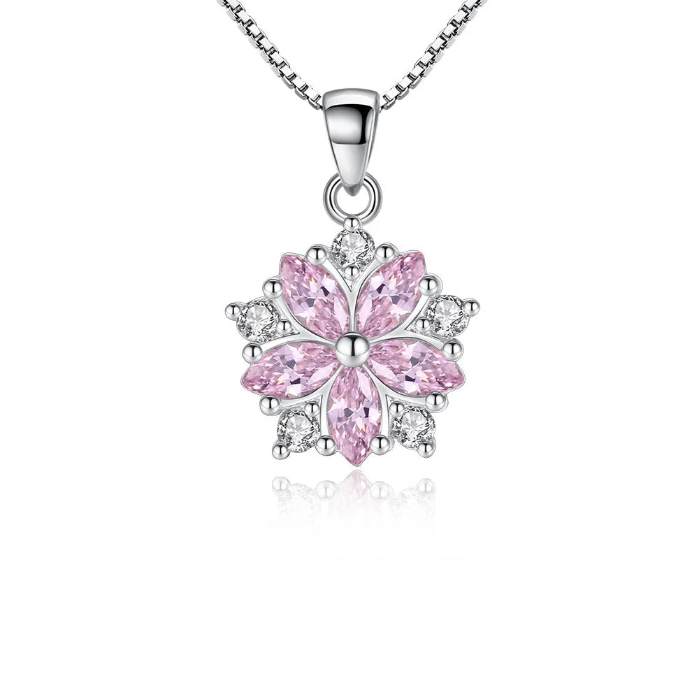 925 Sterling Silver Necklace For Women Pink Crystal Flower Pendant Korean Fashion Chain Designer Luxury Quality Jewelry GaaBou