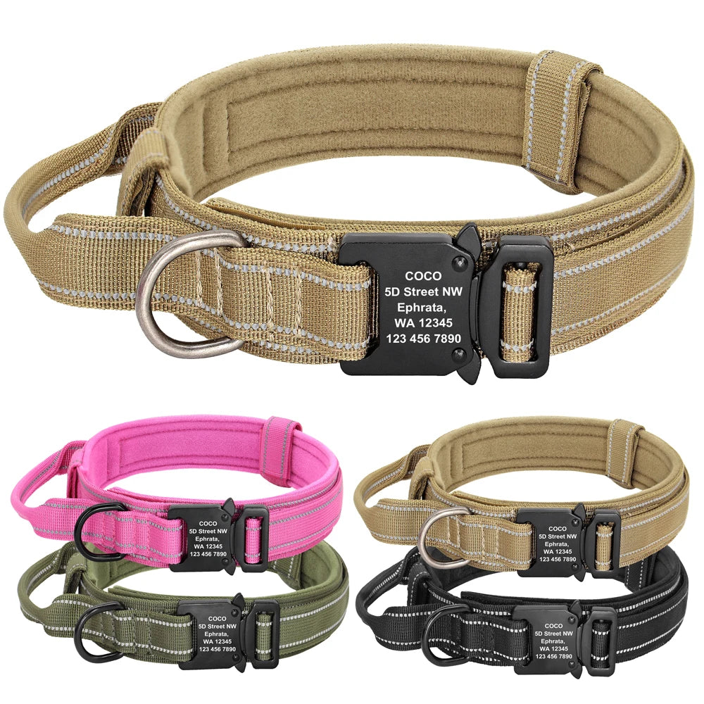 Military Tactical Pet Dog Collar Personalized Custom Nylon Reflective Small Medium Large Dog Collars Engraved ID Name Adjustable