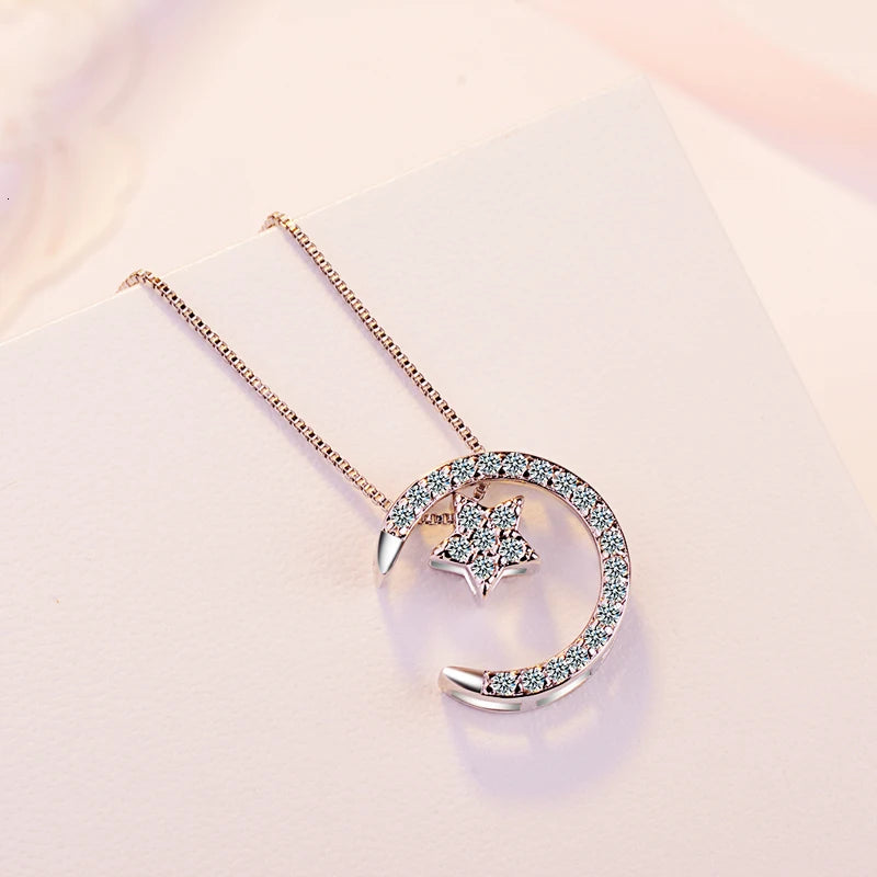 925 Sterling Silver Moon Star Pendant Necklaces With Austrian Crystal For Women 4 Ways To Wear Necklace Gifts Sn06