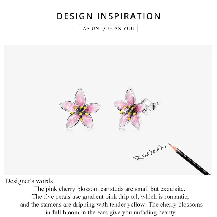 BAMOER Genuine 925 Sterling Silver Elegant Enamel Pink Cherry Blossom Stud Earrings for Women Flower Wedding Jewelry Gift