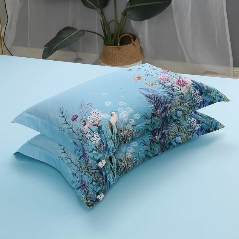 100% Egyptian Cotton US size Bedding Queen King size 4Pcs Birds and Flowers Leaf Gray Shabby Duvet Cover Bed sheet Pillow shams