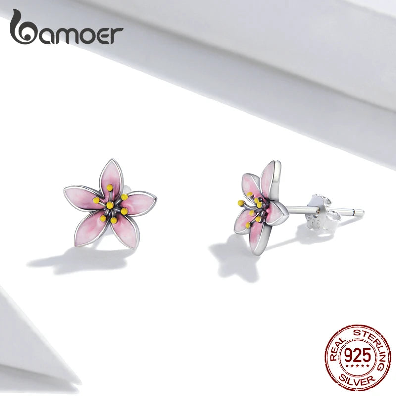BAMOER Genuine 925 Sterling Silver Elegant Enamel Pink Cherry Blossom Stud Earrings for Women Flower Wedding Jewelry Gift