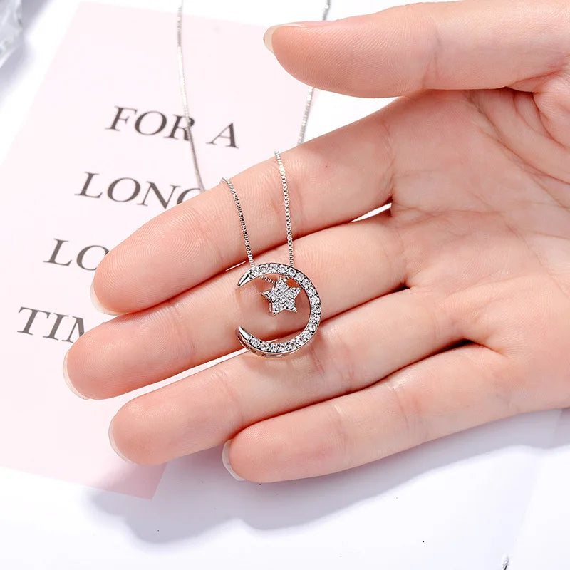 925 Sterling Silver Moon Star Pendant Necklaces With Austrian Crystal For Women 4 Ways To Wear Necklace Gifts Sn06