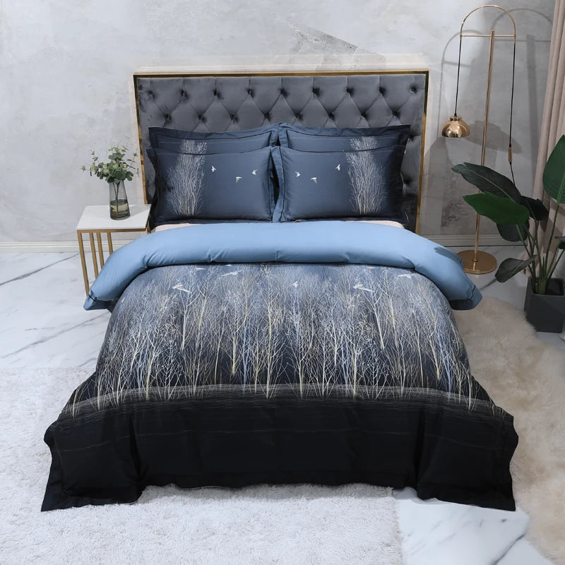 100% Egyptian Cotton US size Bedding Queen King size 4Pcs Birds and Flowers Leaf Gray Shabby Duvet Cover Bed sheet Pillow shams