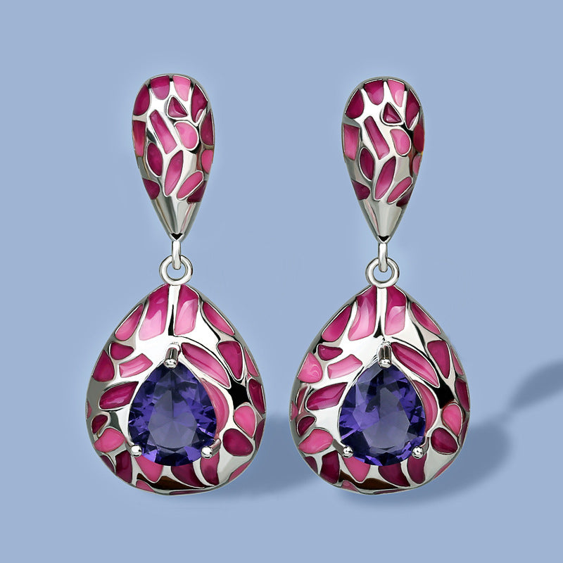 Silver Earrings for Women Genuine 925 Silver Plated Purple Stone Shiny Blue CZ Fine Jewelry Handmade Enamel Exquisite Earrings