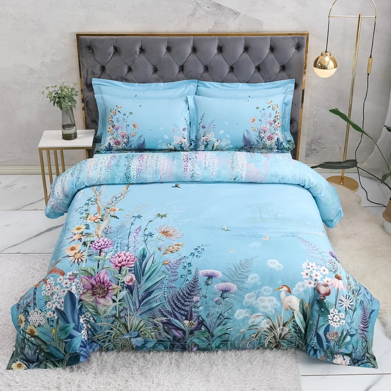 100% Egyptian Cotton US size Bedding Queen King size 4Pcs Birds and Flowers Leaf Gray Shabby Duvet Cover Bed sheet Pillow shams