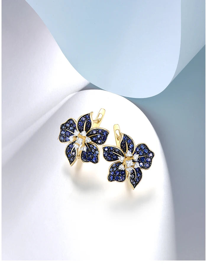 VISTOSO Gold Earrings For Women 9K 375 Yellow Gold Sparkling Lab Created Sapphire White Topaz Blue Lily Flower Fine Jewelry