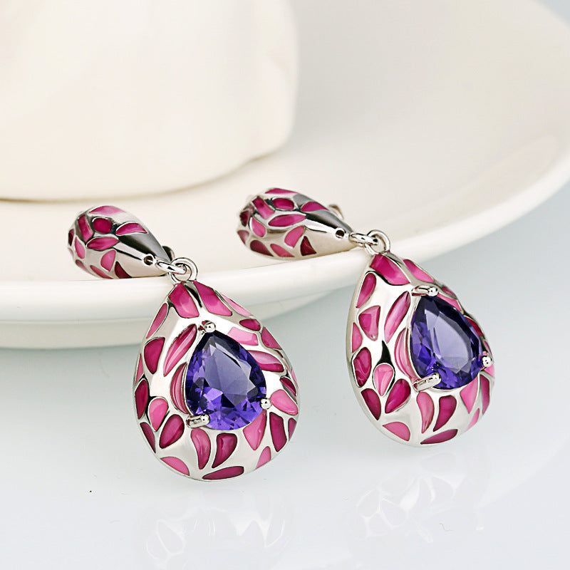 Silver Earrings for Women Genuine 925 Silver Plated Purple Stone Shiny Blue CZ Fine Jewelry Handmade Enamel Exquisite Earrings