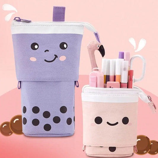 1 Set Cute Boba Milk Tea Retractable Pen Bag Pencil Holder Stationery Case Stand Up Pencil Case For Kids Stationery Pouch Bag