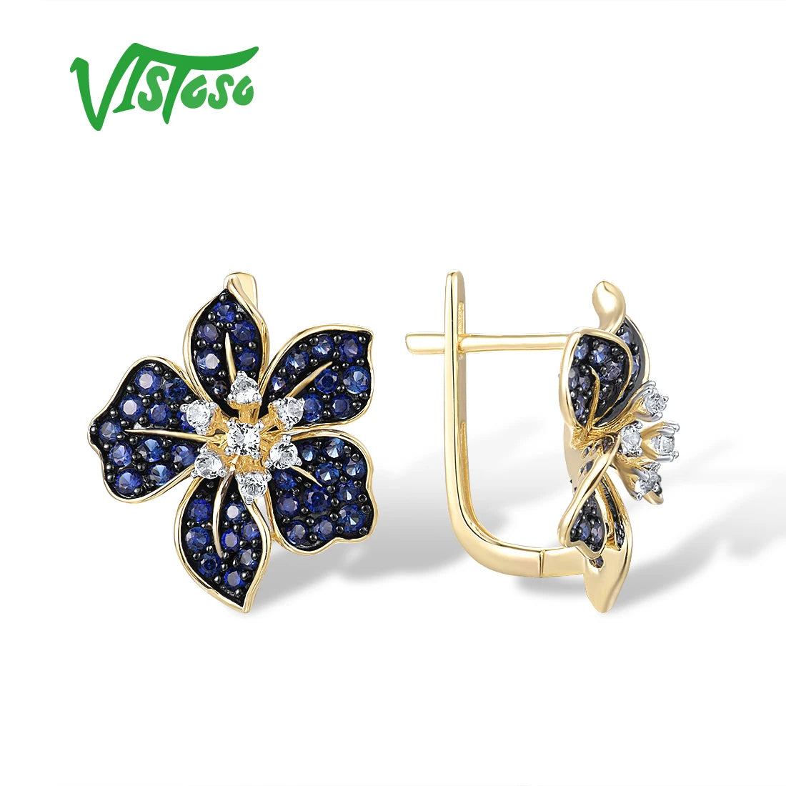 VISTOSO Gold Earrings For Women 9K 375 Yellow Gold Sparkling Lab Created Sapphire White Topaz Blue Lily Flower Fine Jewelry