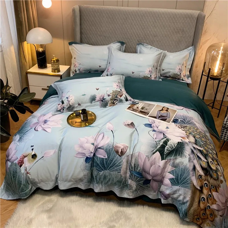 100% Egyptian Cotton US size Bedding Queen King size 4Pcs Birds and Flowers Leaf Gray Shabby Duvet Cover Bed sheet Pillow shams