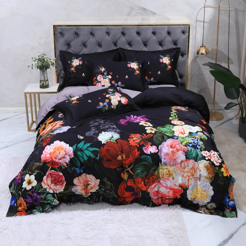 100% Egyptian Cotton US size Bedding Queen King size 4Pcs Birds and Flowers Leaf Gray Shabby Duvet Cover Bed sheet Pillow shams