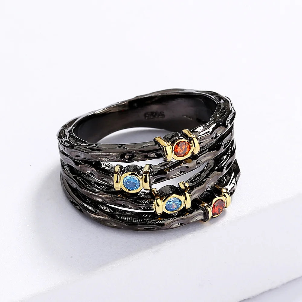 Exaggerated 925 Silver Ring Inlaid with Colorful Zircon Women's Ring Multi-layer Irregular Black Gold Jewelry Women's Party Ring