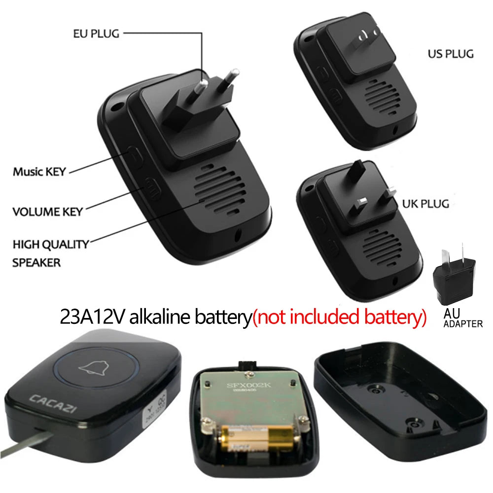 CACAZI Wireless Waterproof Doorbell 300m Range US EU UK AU Plug Home Intelligent Door Bell Chime 1 2 Button 1 2 3 Receiver