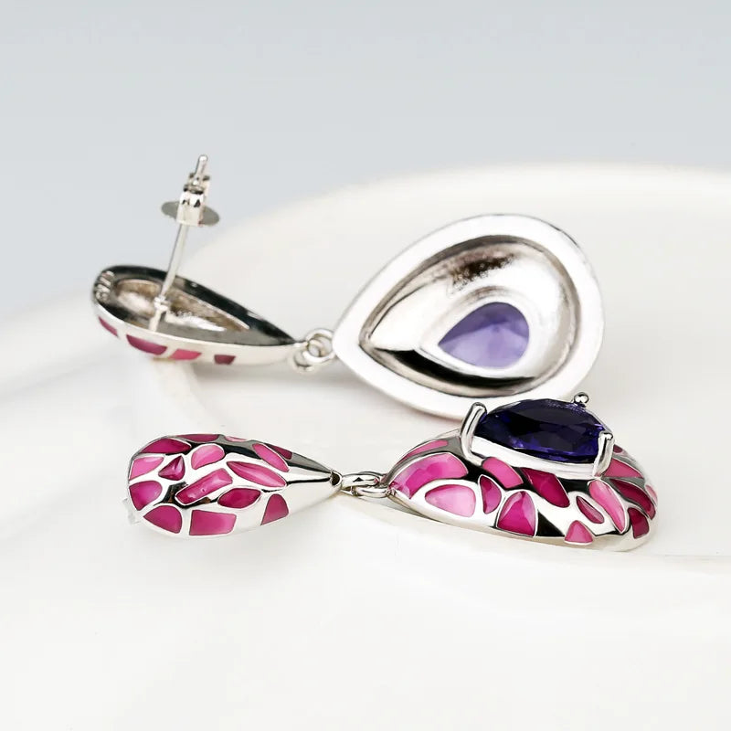 Silver Earrings for Women Genuine 925 Silver Plated Purple Stone Shiny Blue CZ Fine Jewelry Handmade Enamel Exquisite Earrings