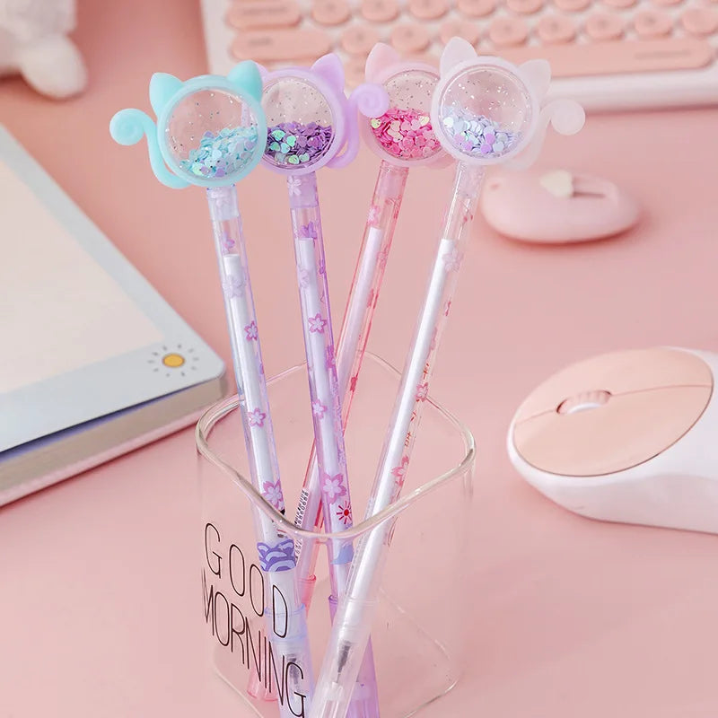 4Pcs/Set Kawaii Cat Tail Gel Pen Cute Sequins Transparent Rod Black Ink Gel Pens Office School Stationery Children Gift Pen