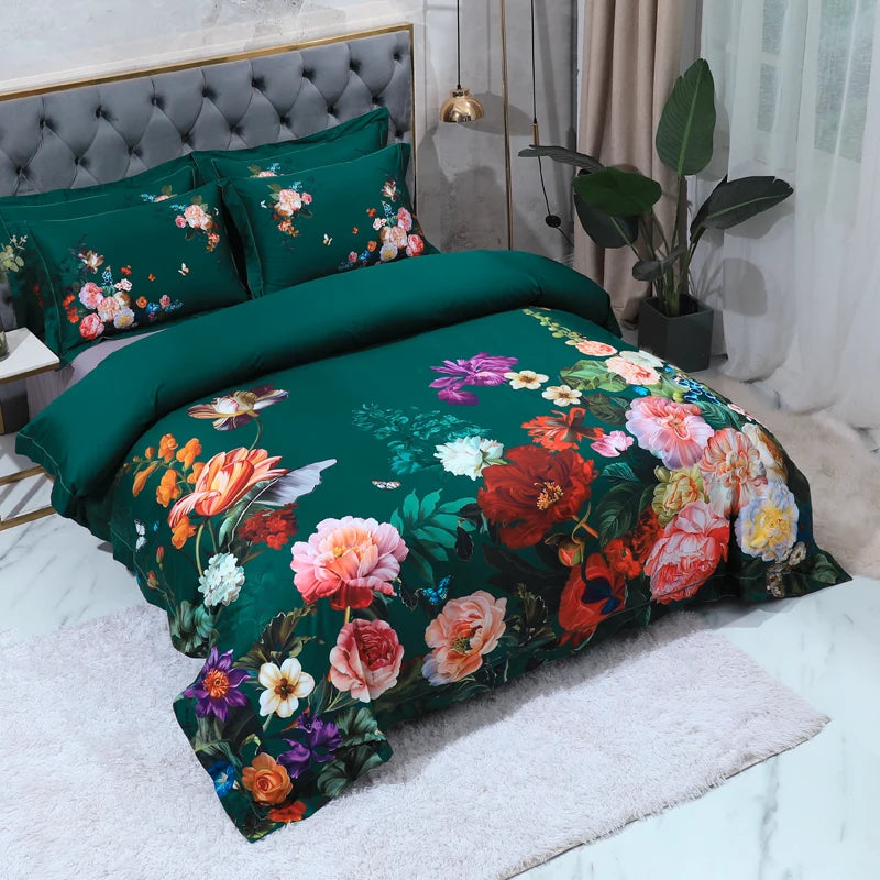 100% Egyptian Cotton US size Bedding Queen King size 4Pcs Birds and Flowers Leaf Gray Shabby Duvet Cover Bed sheet Pillow shams