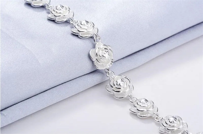 New 925 Sterling Silver Full Rose Flower Chain Bracelet For Women Fashion Pretty Wedding Party Holiday gift fine luxury Jewelry