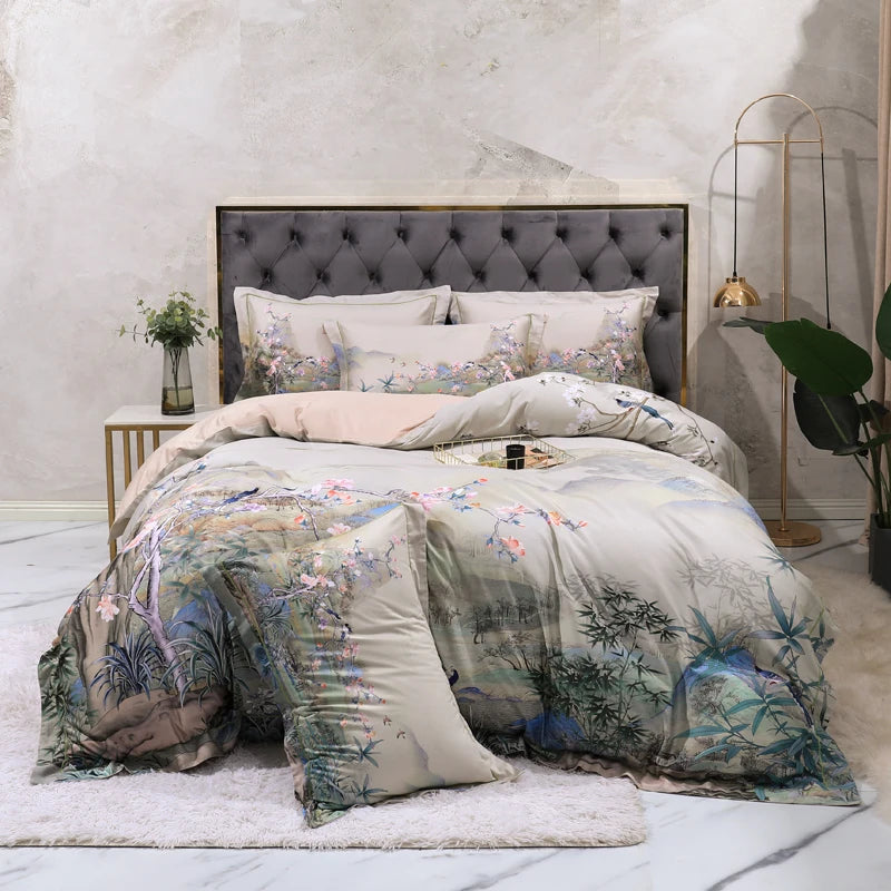 100% Egyptian Cotton US size Bedding Queen King size 4Pcs Birds and Flowers Leaf Gray Shabby Duvet Cover Bed sheet Pillow shams