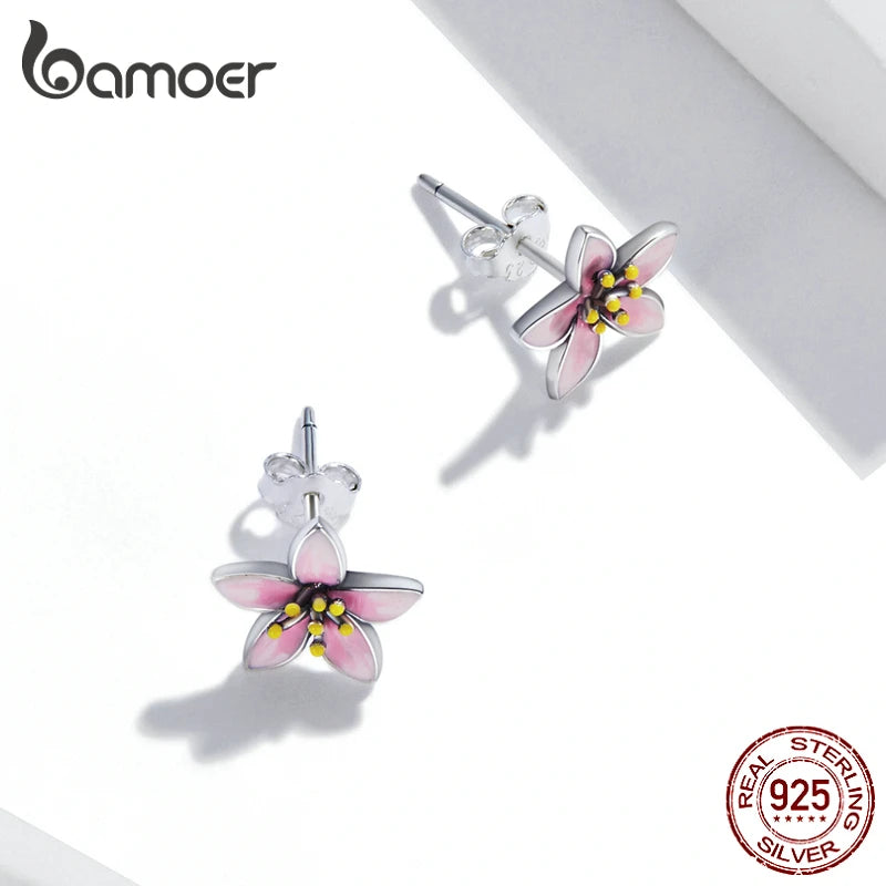 BAMOER Genuine 925 Sterling Silver Elegant Enamel Pink Cherry Blossom Stud Earrings for Women Flower Wedding Jewelry Gift