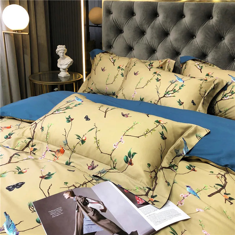 100% Egyptian Cotton US size Bedding Queen King size 4Pcs Birds and Flowers Leaf Gray Shabby Duvet Cover Bed sheet Pillow shams