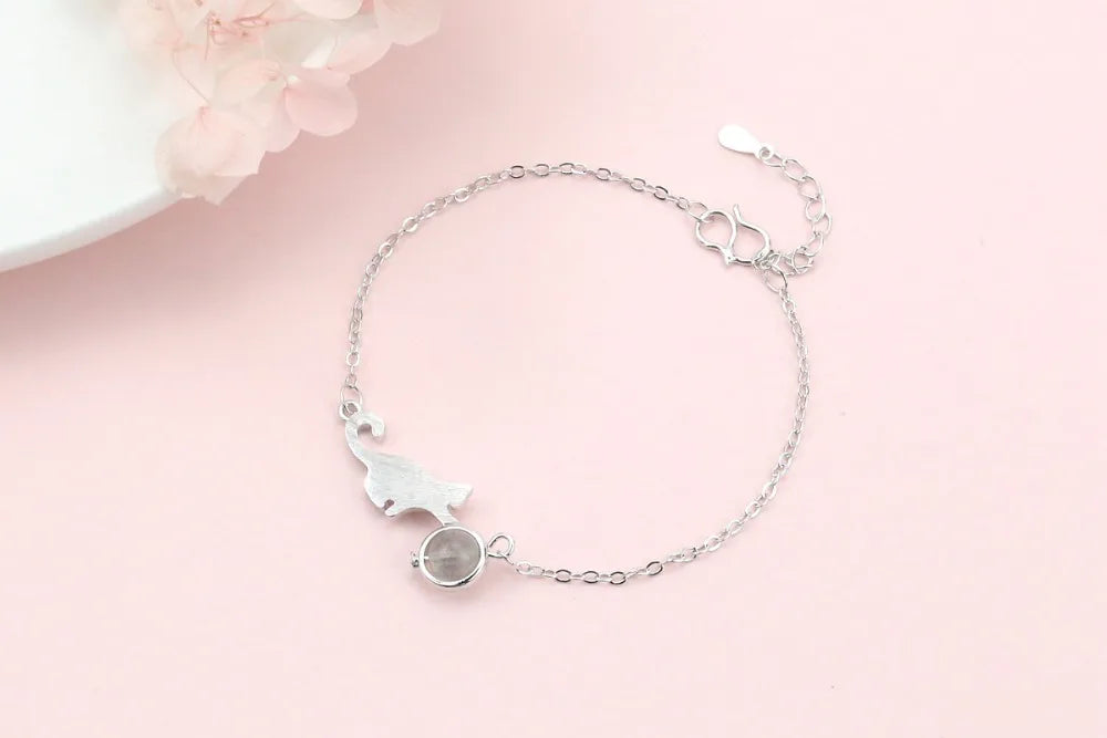 925 Sterling Silver Crystal Cat Round Bead Charm Bracelet For Women Gift Elegant Bracelets & Bangles Silver Jewelry